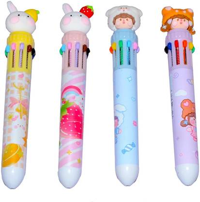Crackles 10 in 1 Cartoon Ball Point Pen|Color Ball Pen|(Pack of 4, Random Design & Color) Pen Gift Set