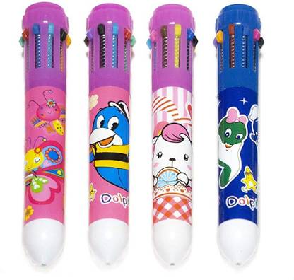 ILT (PACK OF 4)10 in One Colour Ballpoint Pen with Favorite Cartoon Character 0.7 Ball Pen
