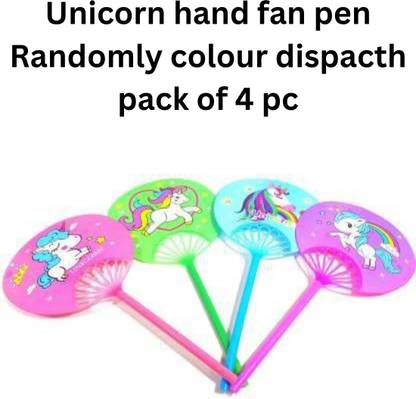 Extraposh Set Of 4 pc Multicolour Unicorn Hand Fan pen With Ball Pen Nib