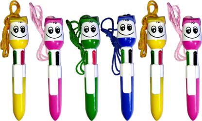 Pvention Return Gift for Kids / 4 in 1 Pen Retractable Neck Strap with Emoji Head Pen Ball Pen