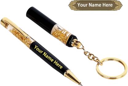 उकेज गोल्डन फ्लेक्स ब्लैक कलर पेन एंड कीचेन विथ नेम एनग्रेविंग | गिफ्ट फॉर लव्ड बॉल पेन