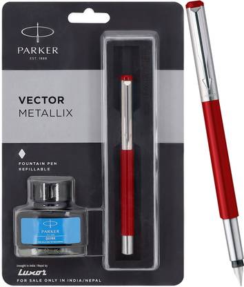 PARKER Vector Metallix, Chrome Trim, Fine Nib With Quink Ink Bottle Fountain Pen