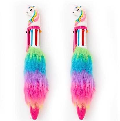 3 Jokers 6 in 1 Unicorn Fur Pen for Kids | Rainbow Unicorn Fur Retractable Ballpoint Pens Ball Pen