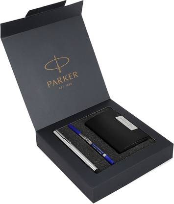 PARKER Vector Stainless Steel Chrome Trim Roller Ball Pen With Card Holder Pen Gift Set