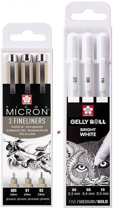 SAKURA Bright White in Case, Mix Size 05/08/10 with 01 03 05 Fineliner Pen