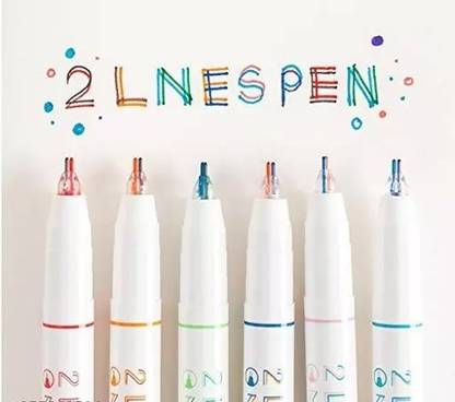 PKM Two Line Drawing Pens, Draw Two Lines Simultaneously Pack of 6 Ball Pen