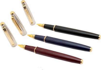 Ledos Set Of 3 Vsign Stride Gold Plated Chrome Metal Cap Golden Trims Fine Nib Fountain Pen