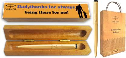 PARKER VECTOR GOLD BP WITH GOLD TRIM With Wooden Thanks Dad Gift Pen Box & Gift Bag Ball Pen