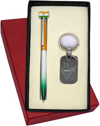 UJJi Tiranga Pen with Flag & Keyring Set India Map Engraved Metal Keychain Pen Gift Set