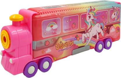 dishvy Train Shape Pencil Box with Unicorn Theme | Sturdy movable Wheels | Toy Train Unicorn Pencil Box | Inbuilt sharpener Art Plastic Pencil Box