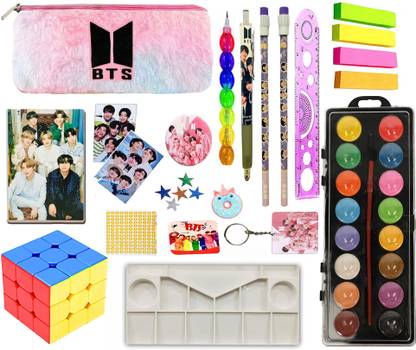 Neel BTS Stationery Return Gift Set for Kids School Supply Set for BTS Theme Birthday Party Favor Gift for BTS Pencil Pouch with All Stationery for Kids BTS Gift Set Art Plastic Pencil Box