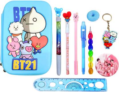 Neel 10Ps BTS Stationery Set for Kids BT-21 3D Embossed Pencil Pouch with Pen/Glitter Pen/Pencils/Cheating Pen/Key Chain/Badge Eraser/Scale Return Birthday Gift Set Art Canvas Pencil Box