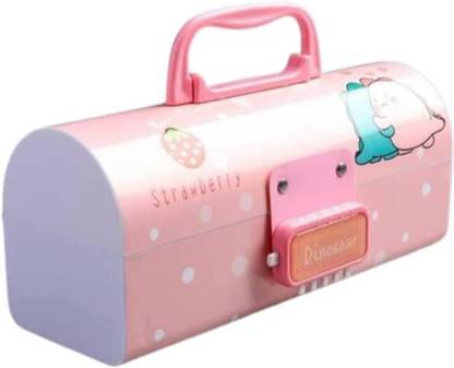 JOY MAKER Kids Pen & Pencil Box Suitcase Style Password Lock Pencil Case Dino Pink Pencil Box Art Plastic Pencil Box