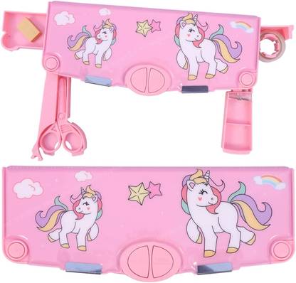JOY MAKER 5 button pencil compass Magnetic Pencil Case with Sharpener Unicorn Pencil Box 4 button with accessories Art Plastic Pencil Box