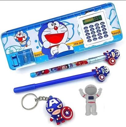 Joy Junction Inbuilt Calculator Doraemon Pencil Box Geometry Box 5 Pc Combo for Girls Boys Doraemon Birthday Gift Set Art Plastic Pencil Box