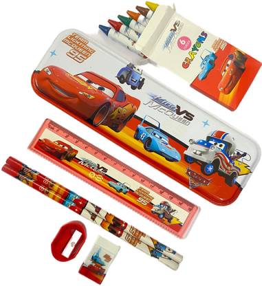 Mannat Cartoon Printed Stationery Kit with Pencil,Eraser,Scale,Sharpener and Crayons Stationary Set for Boys Kids Art Plastic Pencil Box