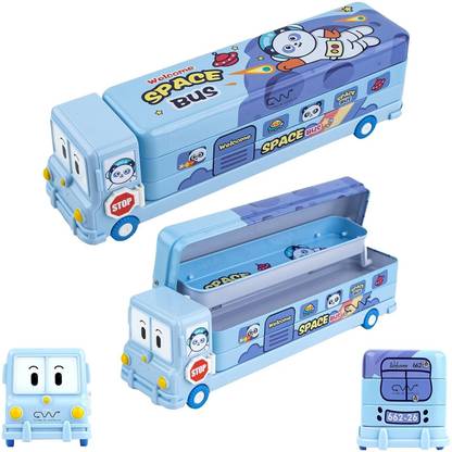 Stylbase Kids' Magic Space Bus Pencil Box with Moving Tyres and Built-In Sharpener School Geometry Box in Bus Shape for Boys & Girls Art Metal Pencil Box