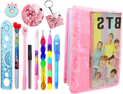 Neel BTS ARMY TEAM Collection For Stationery Set BTS Fur Diary with Joint Pouch & All Stationery Kit for Girls BTS Stationery Birthday Return Gift for Kids Art Canvas Pencil Box