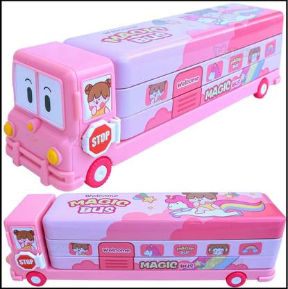 Swara School Bus Metal Pencil Box With Moving Tyres And Sharpner For Kids Cartoon Printed Art Metal Pencil Box