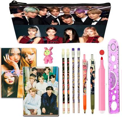 TITIRANGI 12 Pcs BTS Stationery Gift Set for Kids BTS & BlackPink Combo Gift Set for Girls BTS Theme School Set for Girl Rakshabandhan Gift for Sister Rakhi Gift for Girls Art Canvas Pencil Box