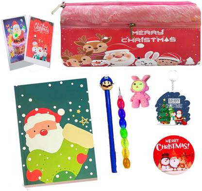 Neel Birthday Return Gift For Santa Claus Theme School Stationery for Kids Christmas Day Gift for Merry Christmas Return Party Favor Santa Claus Stationery Gift Set Art Plastic Pencil Box