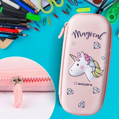 Adoere Magical Unicorn Pink Diamond & Heart Multi-Purpose Zipper Pencil Case Big capacity for storing and organizing Pouch Art EVA Pencil Box