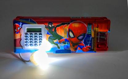 dishvy avengers Multipurpose Pencil Box with lamp, Calculator & Dual sharpner - Spiderman Art Plastic Pencil Box