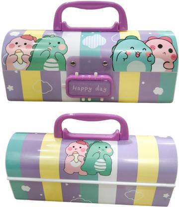 PEACORA Password pencil box- Happy day cute DINOSAUR Double Layer Stationery BOX Organizer Art Plastic Pencil Box