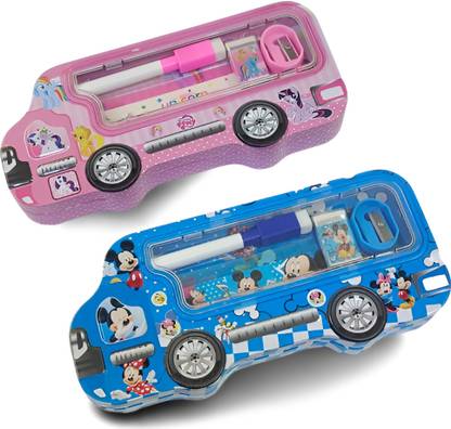 Happykids Metal Car Pencil Box with pencil eraser sharpener ruler & marker pen Available Cartoon Print Art Metal Pencil Box