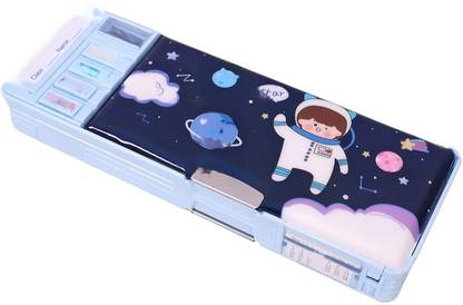 DhyeyCollection Multi Compartment Button Operated Space Pencil Box, with Pen Stand in-Built | Push Button Enabled Storages and Sharpener for Kids Art Plastic Pencil Box