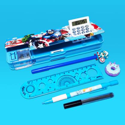 Parteet Premium Quality Pencil Box with Calculator, Dual Sharpener, Pen & Pencil Holder, Magnetic Door Closure and Stationery Items 1 Pencil, 1 Pen, 1 Eraser, 1 Scale, Art Plastic Pencil Box