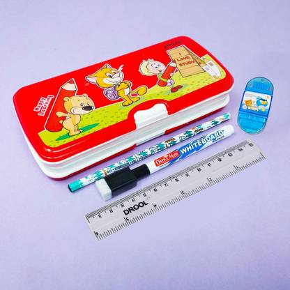 Parteet Premium Quality Pencil Box with Push Lock, 3 Side Open, 2 Compartment, and Inbuilt White Board & Marker, Pencil, Scale, 2in1 Eraser & Sharpener for Kids Art Plastic Pencil Box