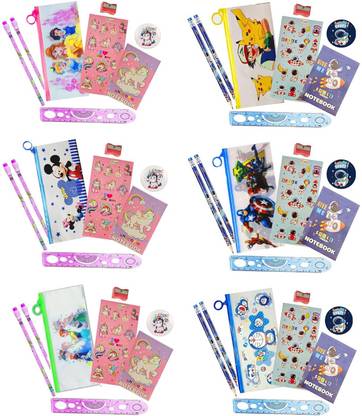 Neel Party Favor Return Gift in Bulk for Kids Navratri Gift Set of 6 Pouch Stationery Each Pack Include Pouch Notepad/Pencil/Sharpener/Scale/Sticker Best Return Gift Art Plastic Pencil Box
