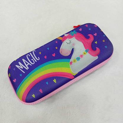 Priceless Deals 3D Embossed Compass School Pouch Cartoon Hard Case Pencil Pouch – Blue Magic Unicorn Art Canvas Pencil Box