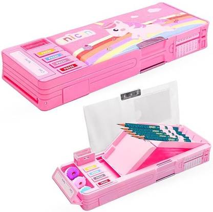 JOY MAKER Quality Multi Compartment Button Operated Cat Pencil Box For Kids Unicorn Art Plastic Pencil Box
