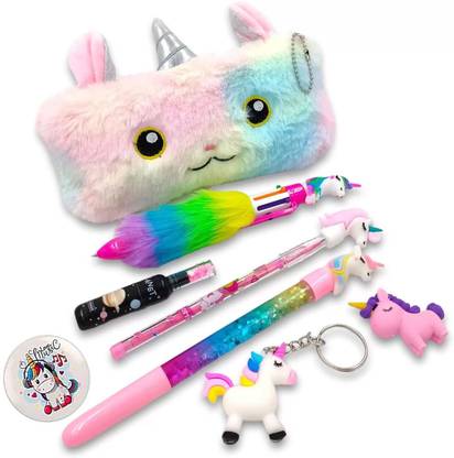 Neel Unicorn Fur Pouch With Art Tools 7in1 Combo for Boys and Girls Return Gift set for kids Unicorn Stationery Combo Set For Girls Unicorn Pencil Box For Girls Art Plastic Pencil Box