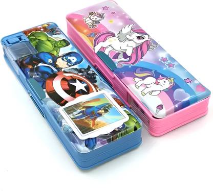 vvn Combo Pack Magnetic Closure Built-in Calculator Integrated Sharpener Cartoon Printed Design Spacious Interior Perfect for Gifting Art Plastic Pencil Box