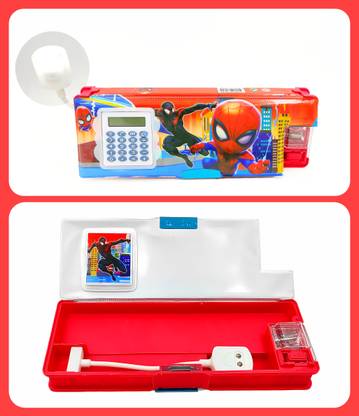 dishvy Spiderman Pencil Box with Integrated Lamp, Calculator and Sharpeners Spiderman Art Plastic Pencil Box