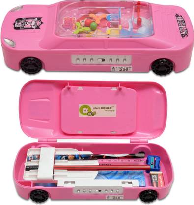 AneriDEALS Stylish Car Geometry Box on Wheels with Password lock & Pinball Game - Barbie Art Plastic Pencil Box
