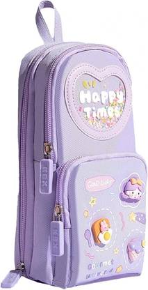 OMETER Premium Pencil Case 3 Compartment Large Capacity School Stationery For Kids 3 Sticker Happy Time Art Canvas Pencil Box