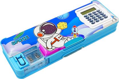 poksi Pencil Box 14 Space Pencil Box with calculator, inbuilt sharpeners, magnetic closure| Dual Sid Art Plastic Pencil Box