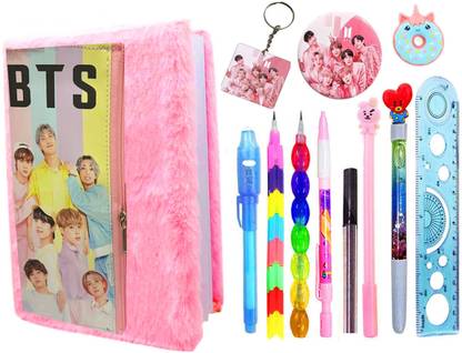 Neel 12pcs bts combo for girls, bts pink fur dairy, key chain, bts batch and eraser , scale, 2 pencils 2 pens 1 cheating pen, bts fur dairy for girls Art Canvas Pencil Box