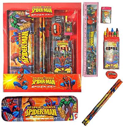 JOTKAPARKASH SPI-derman Stationery Kit, Pencil Eraser Pencil Case Scale Sharpener Crayons. Spiderman Art Metal Pencil Box