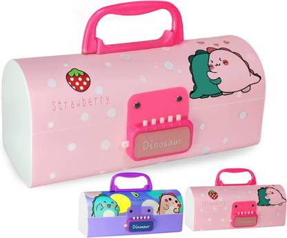 JOY MAKER Quality Suitcase Style Password Lock Pencil Box With Marker Dinosaur Art Plastic Pencil Box