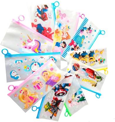 Furnish Marts Transparent Pencil Pouch set for kids party pack mix design return gift cartoon Art Plastic Pencil Boxes
