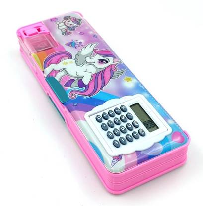 CARLY Unicorn Cartoon Magnetic Pencil Box with Calculator & Dual Sharpener for Kids by MGR Group Art Plastic Pencil Box