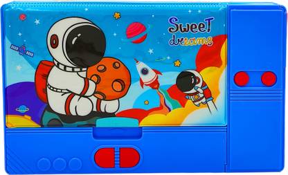 जॉनी बॉय Space Jumbo Pencil Box- Big Size|Double sided with 6 Hidden push Button Pockets| स्पेस ट्रैवल आर्ट Plastic पेंसिल बॉक्स