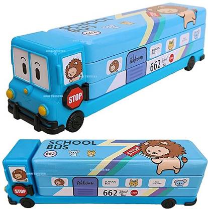 Jetrive 2 in 1 Cartoon Printed School Bus Shaped Pencil Compass Box cartoon Art Metal Pencil Box
