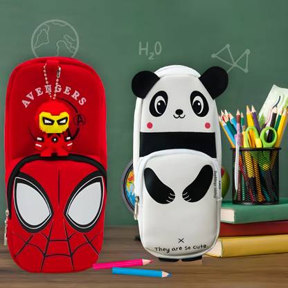 HAPPY SHOPPING STORE Combo Pencil Pouch for kids Super Quality Spiderman Pencil Pouch with attached 3DKeyring and double zipper pocket Panda Pencil Pouch Art Artificial Leather Pencil Boxes