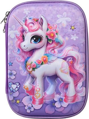 TECHNOCHITRA Whimsical Wonders 3D Unicorn Printed Violet Big Size Pencil Pouch for girls Art Canvas Pencil Box